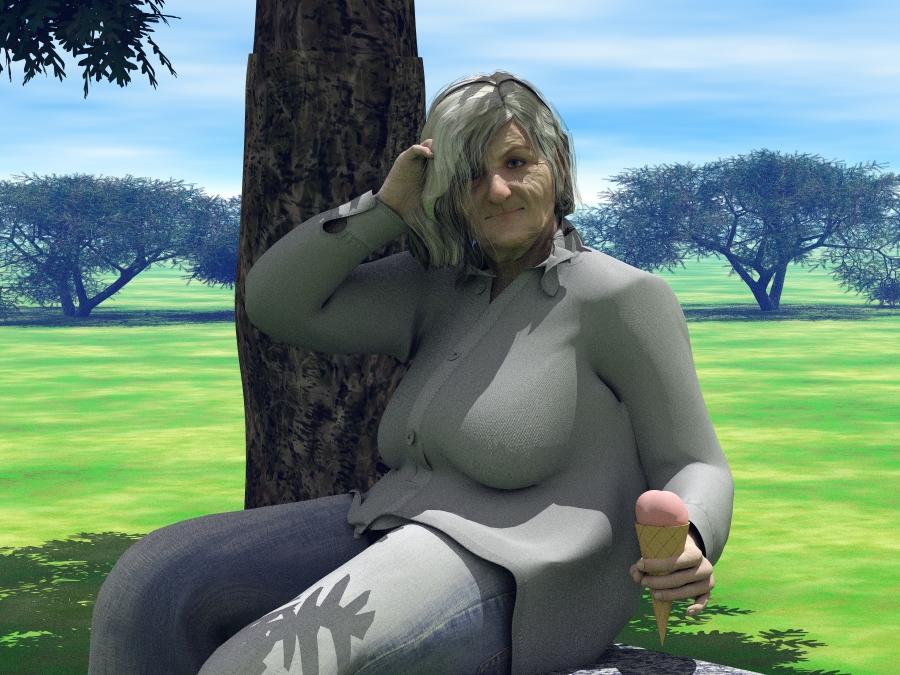 Mrs. Wayne is enjoying her ice cream cone