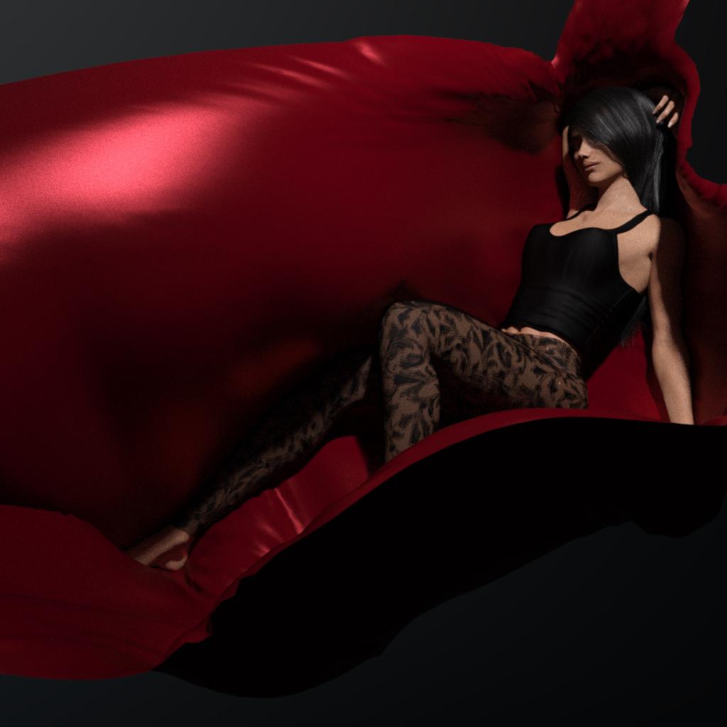 Sleeping female figure floating in air and wrapped in red silk cloth