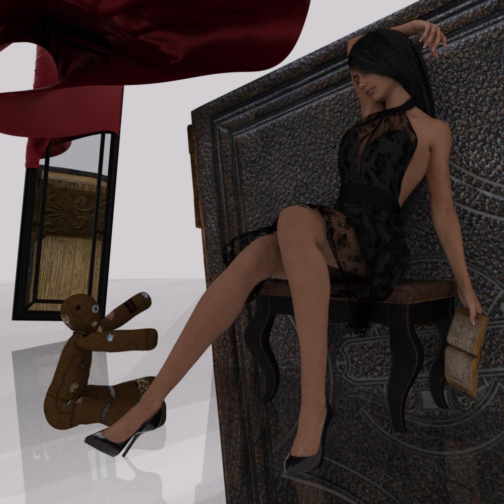 Surreal scene with dozing figure and dream symbols