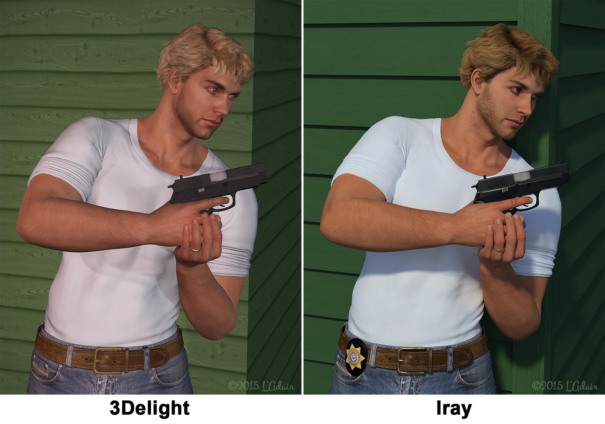 Side-by-side comparison of 3Delight and Iray render, by L'Adair