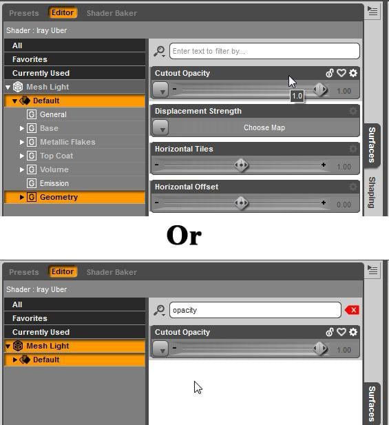 Where to find Cutout Opacity in Daz Studio parameters