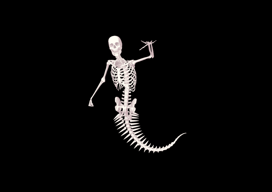 A black rectangle with a mermaid skeleton