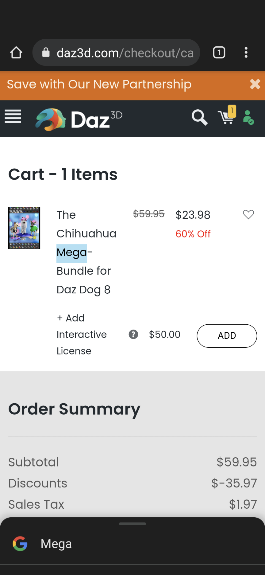 Screenshot of my cart.