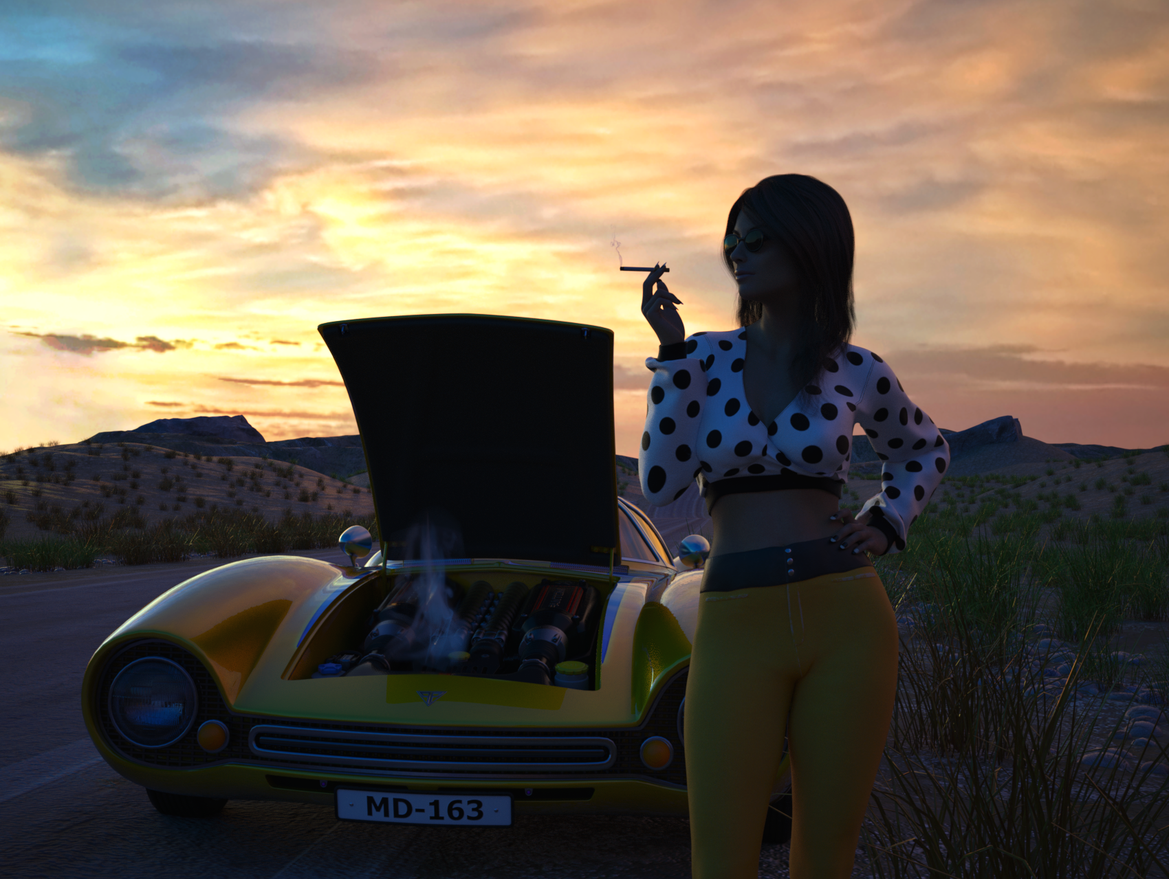 A woman smoking a cigarette by the side of the road next to a broken-down car.