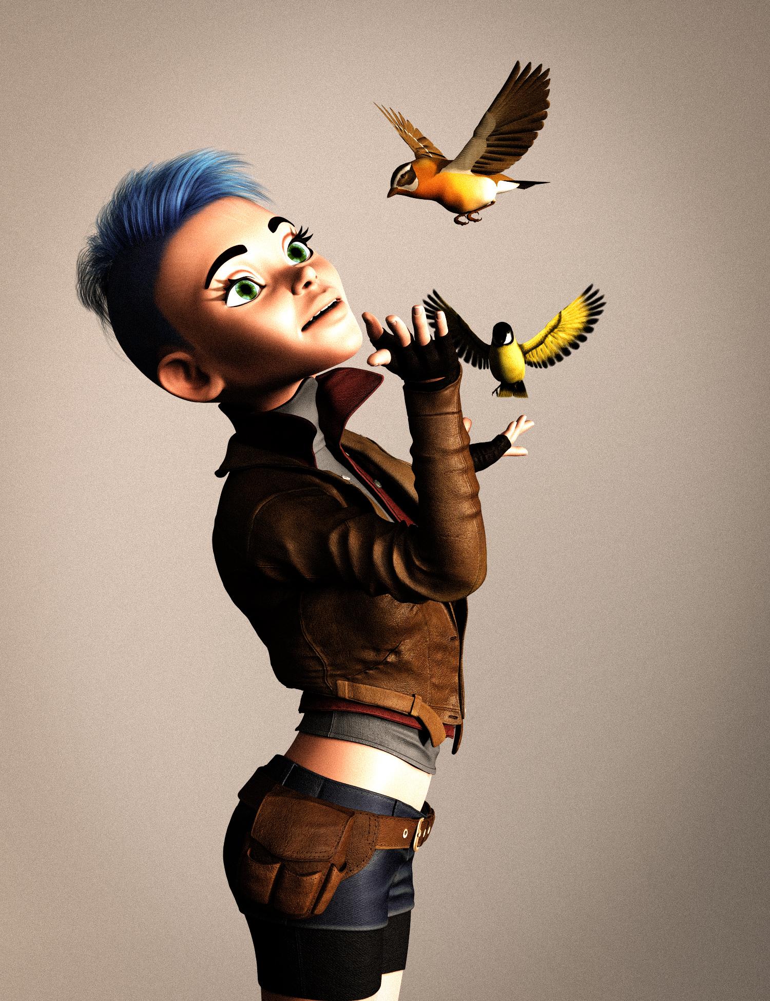 Image of a young toon woman watching two birds as they fly to her outstretched hands