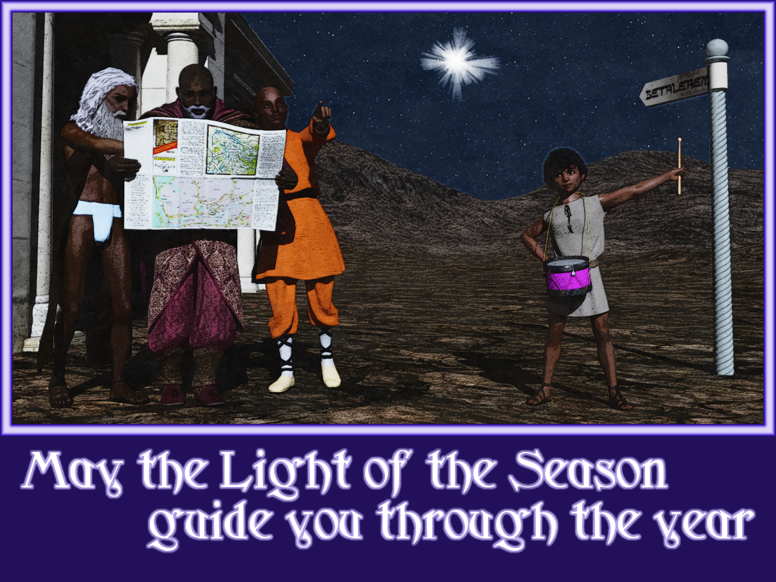 The three wise men consult a map while a drummer boy points to a sign reading "Bethlehem"