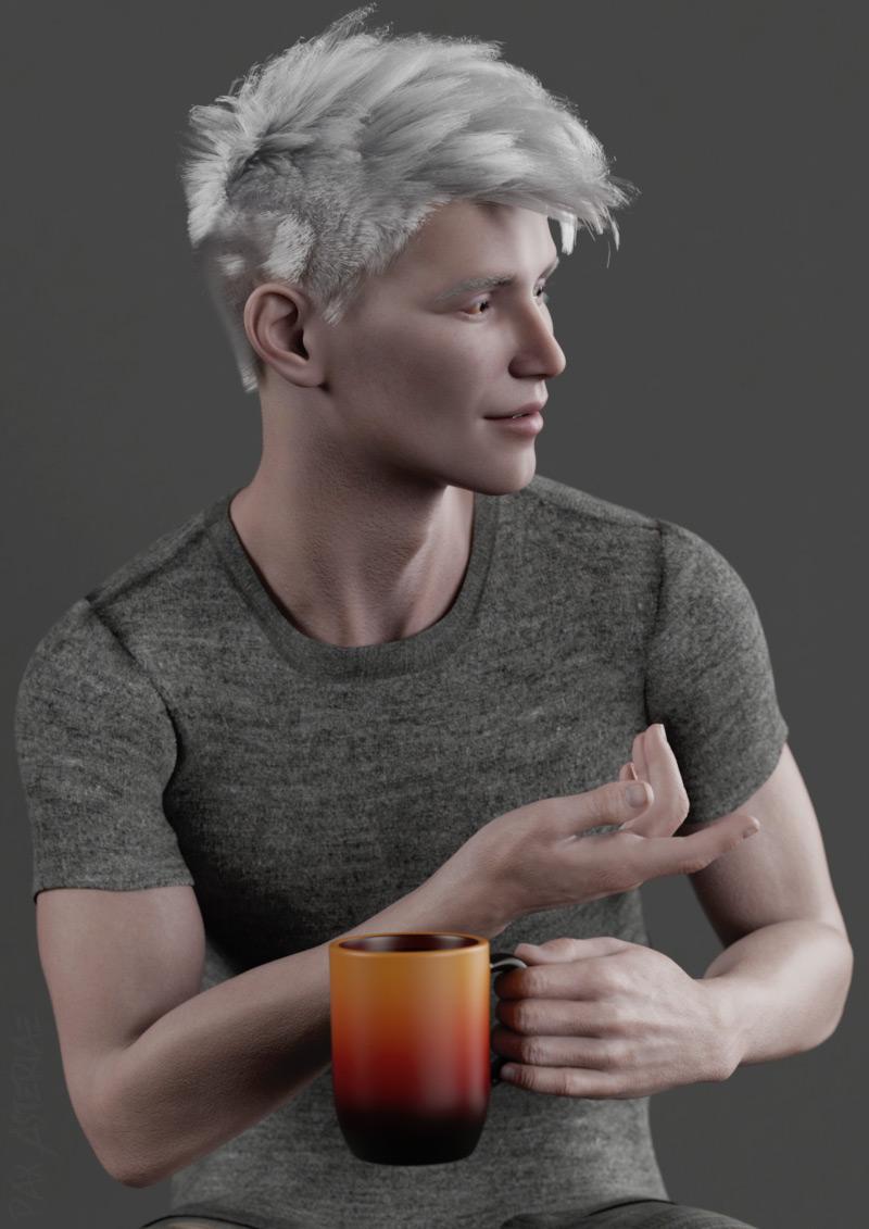 White-haired man in his mid- to late-twenties sitting with a mug in his left hand and gesturing to someone off-camera.