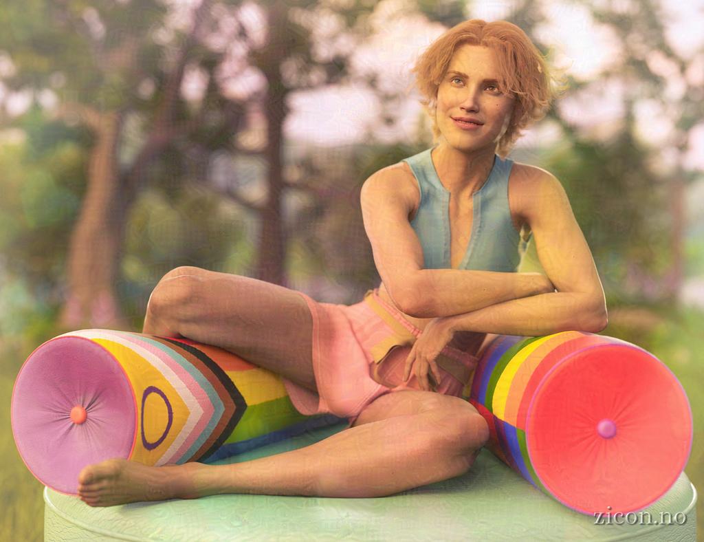 Taren, a young man with blond hair and differently-coloured eyes sits resting between two big bolster pillows with Pride flag patterns.