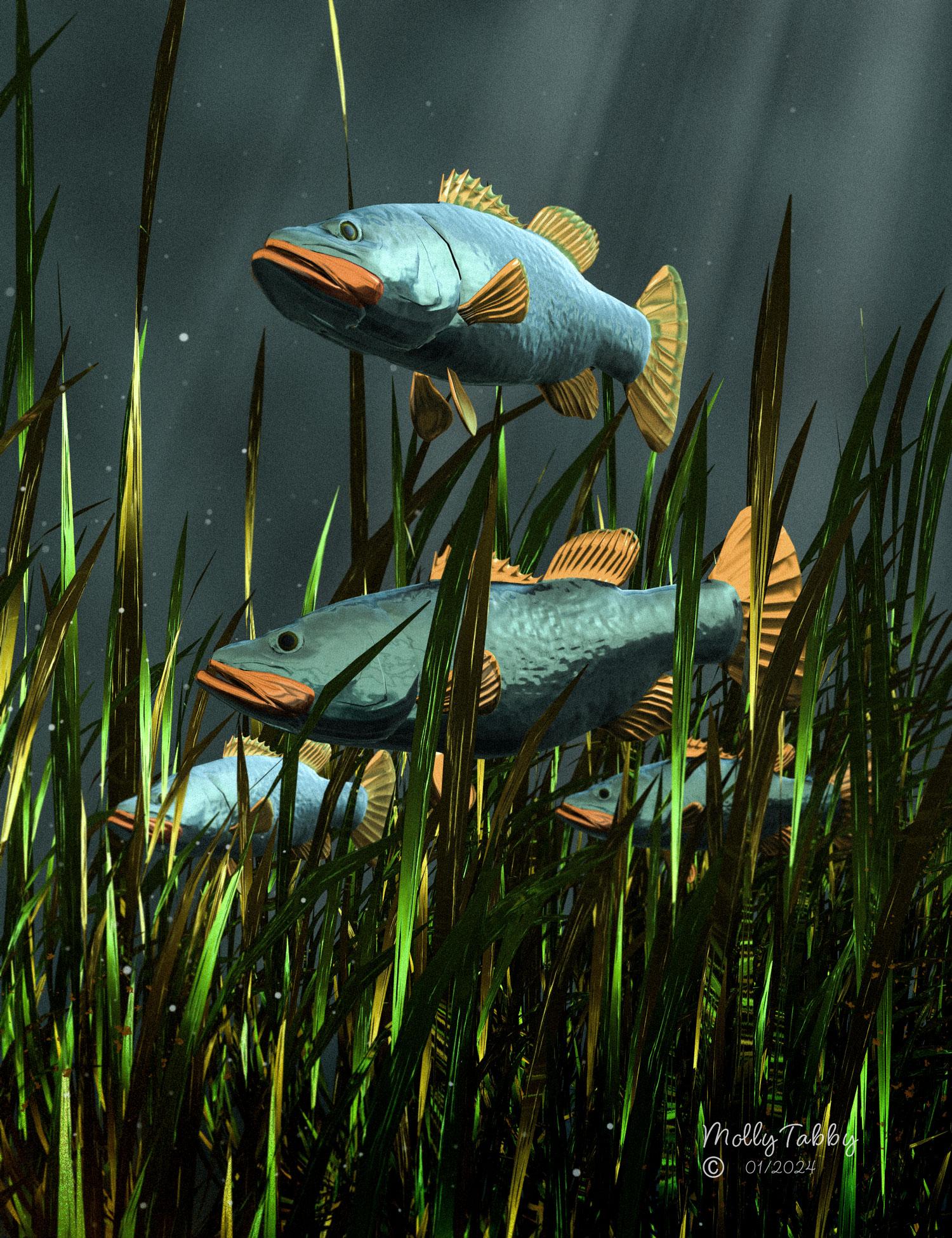 Render of fish amongst sea grass for Lola Lane's Render a Month Challenge January 2024