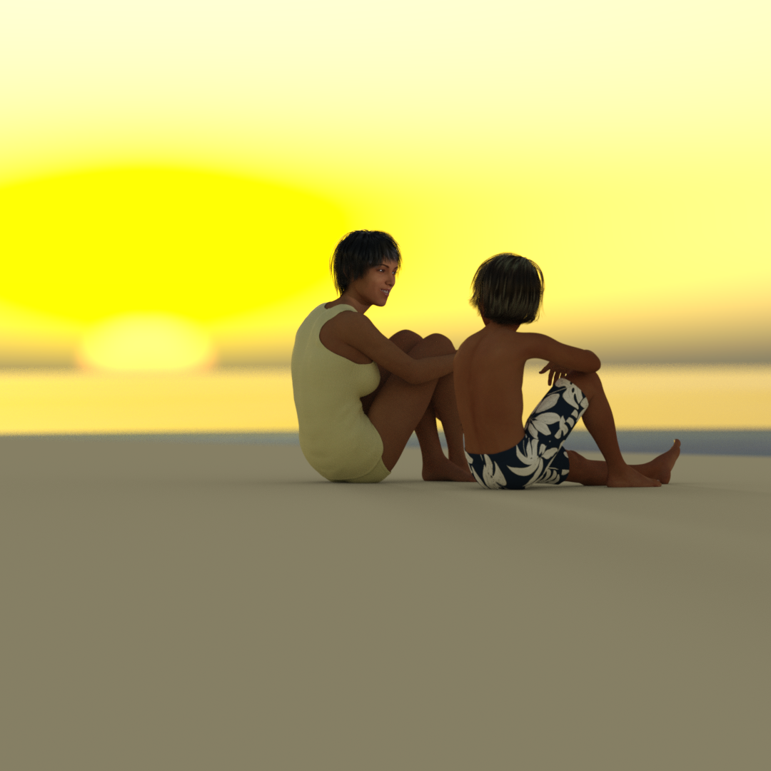 Mother and son sunrise at the beach