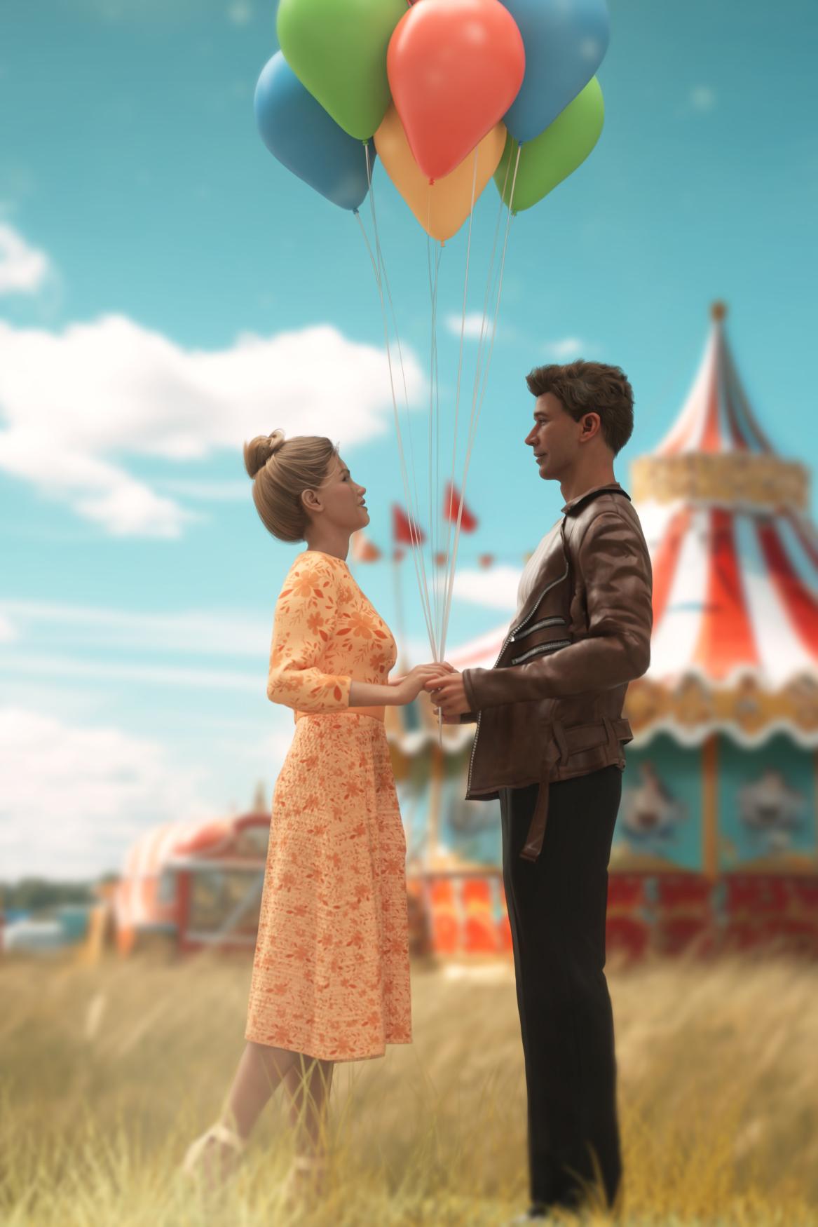 Fairground Affair - Couple stands facing each other with a fairground behind the in the distance while the man holds a bunch of baloons
