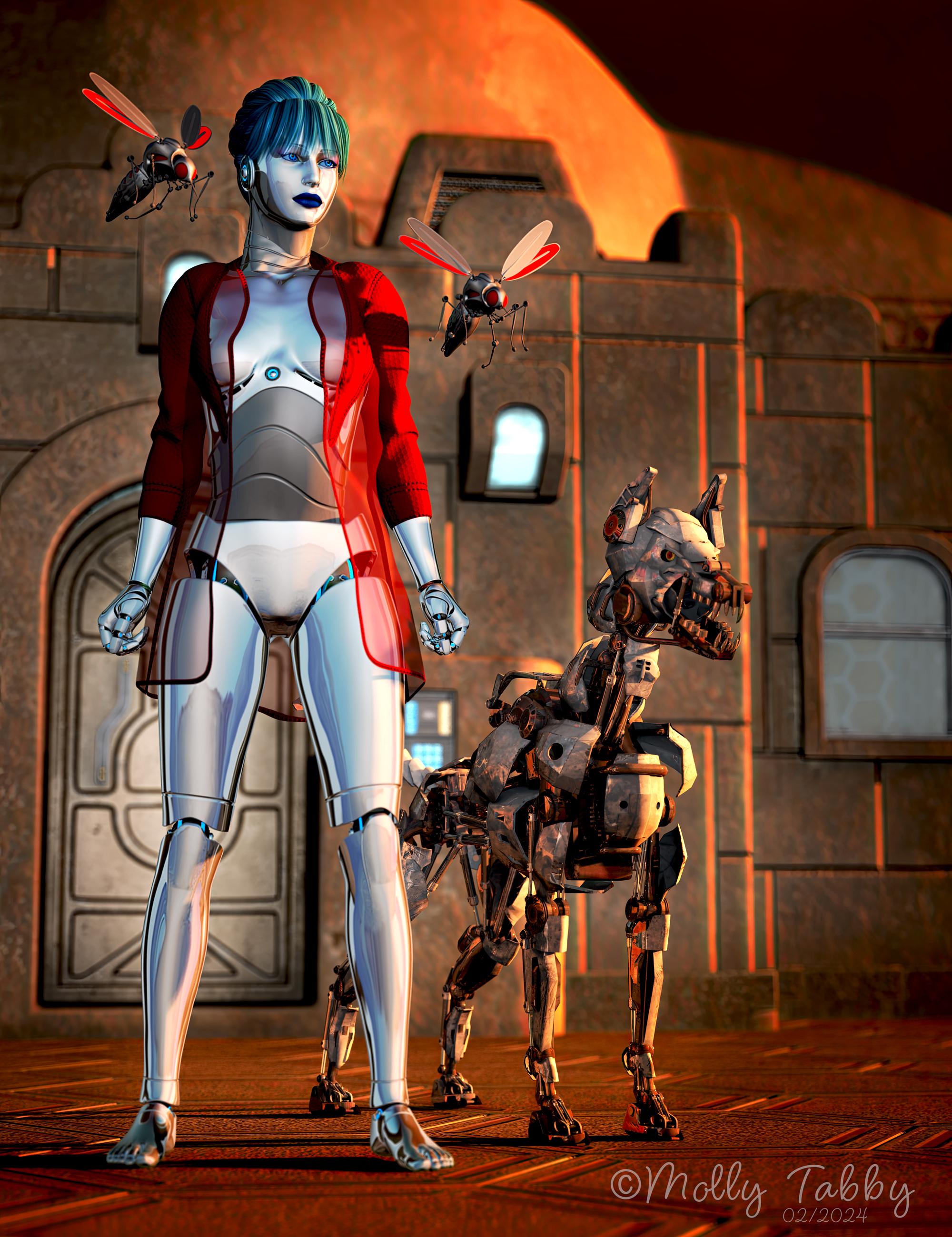 Image of a female robot with two cyber mosquitos and a cyber dog by her side.