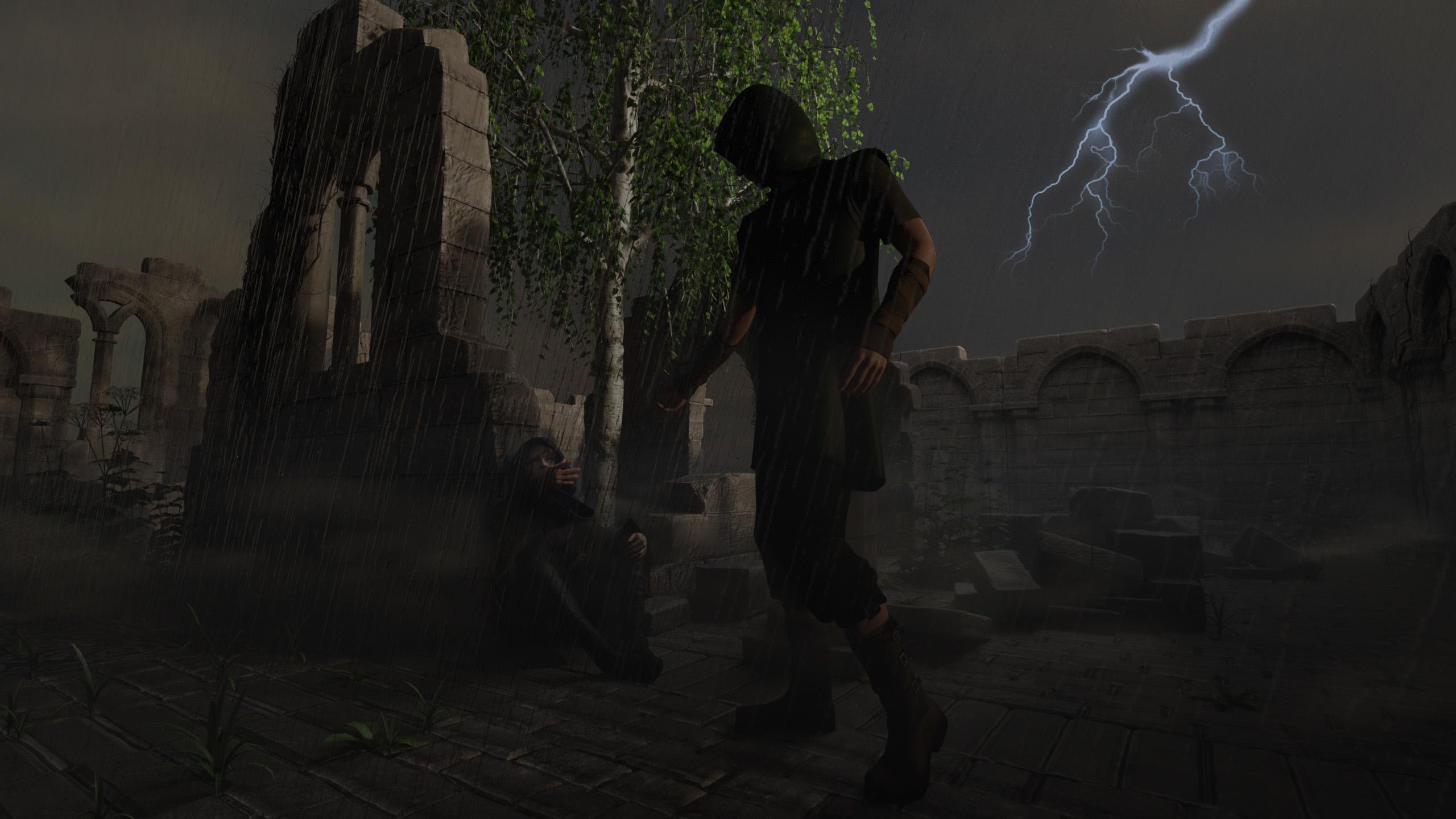 reaching down to pull up girl on ground