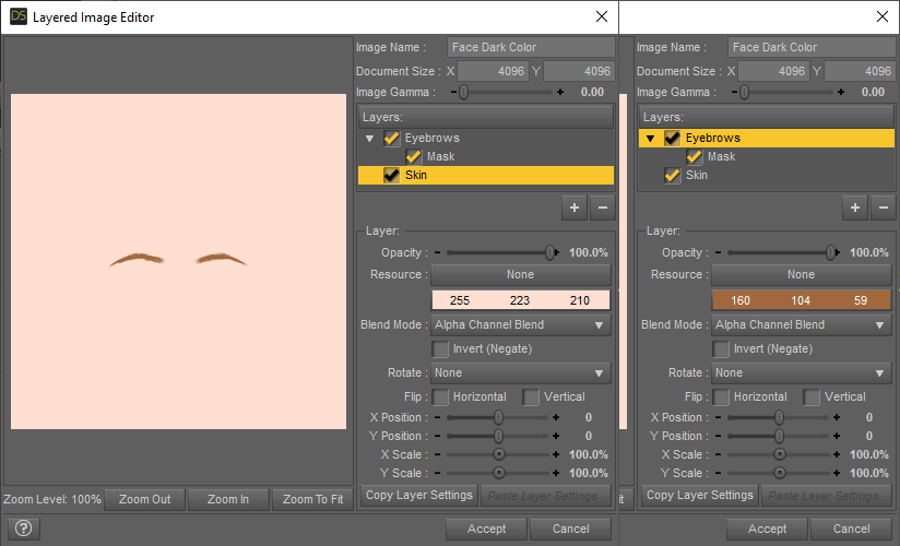 Layered Image Editor setup for the Dark Color property of the Face material