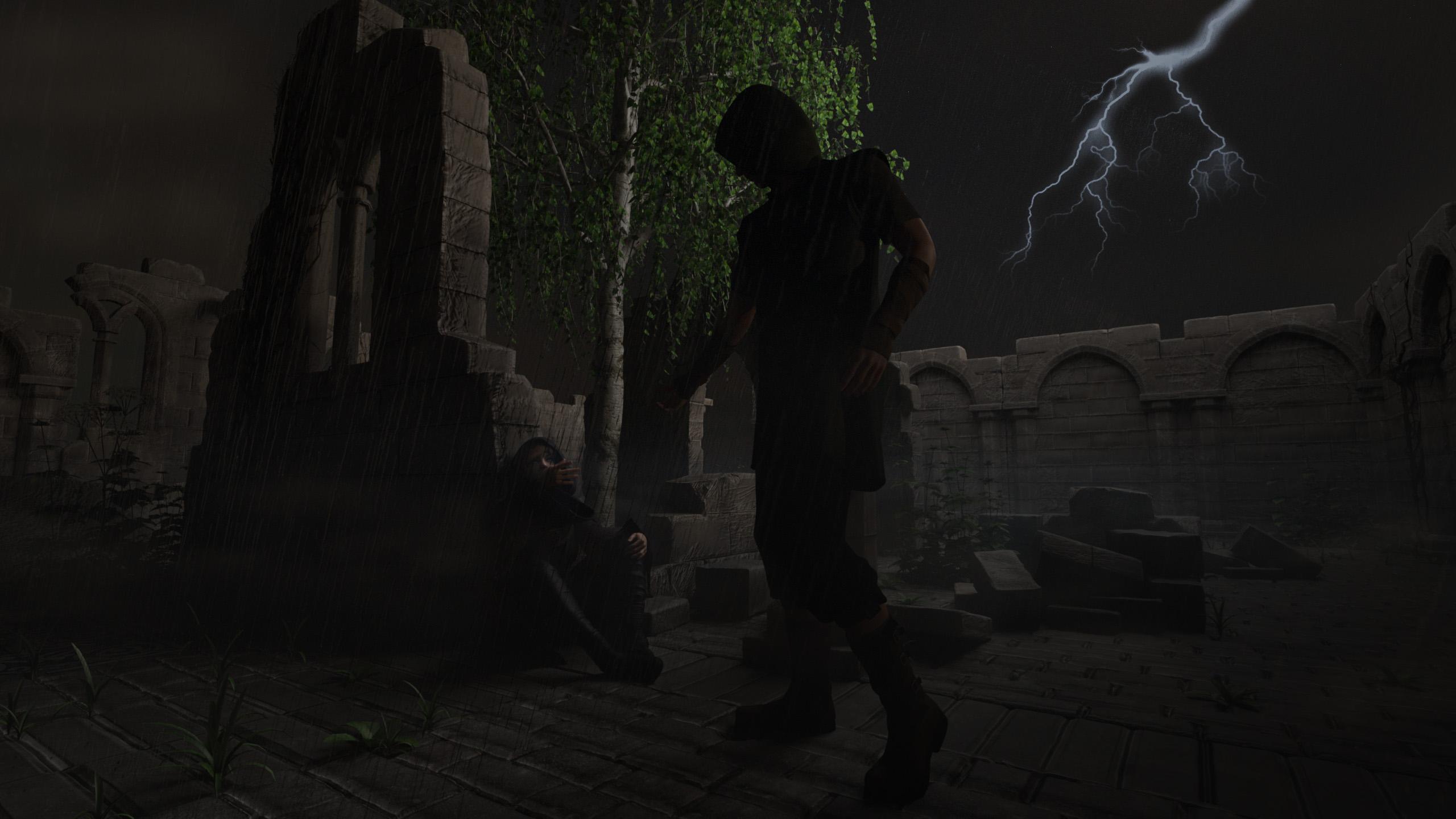 Lightning on scene of girl reaching hand up to man