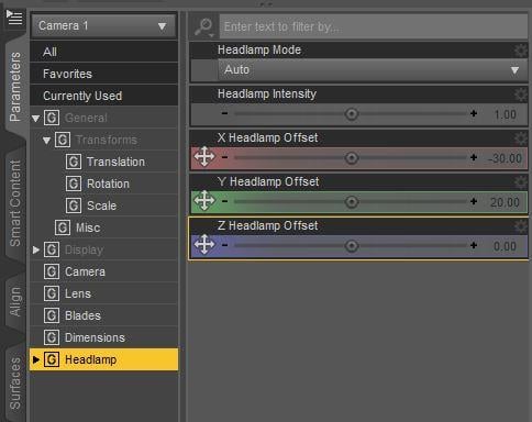 Parameters pane with headlamp settings